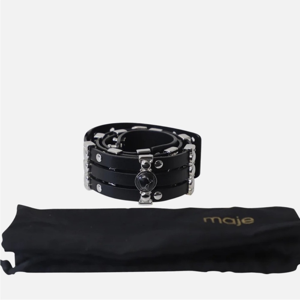 NWT Maje Black Leather Multi-Row Studded Waist Belt with Silver Emblems - Picture 6 of 8